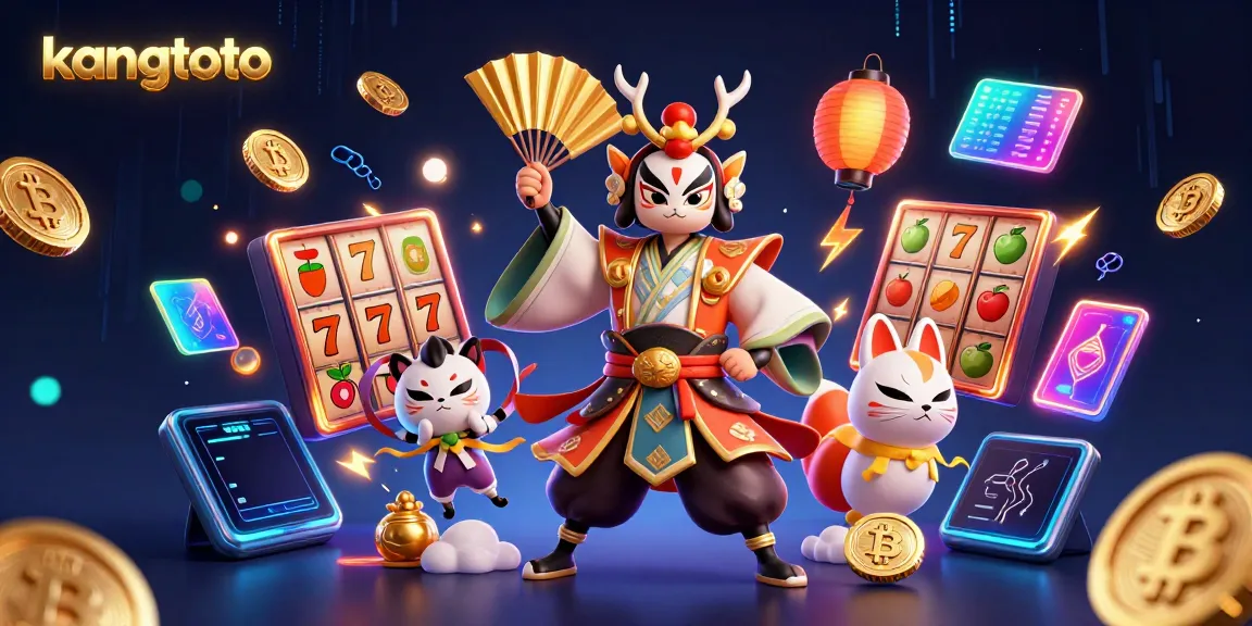 Kangtoto menghadirkan ilustrasi 3D menarik dengan karakter kabuki dan simbol slot, menggambarkan pengalaman game yang aman dan menyenangkan