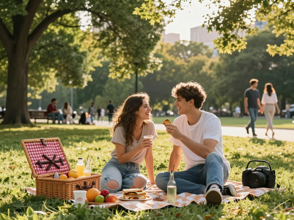 Couple enjoying a picnic in a park while discussing f168.dating experiences