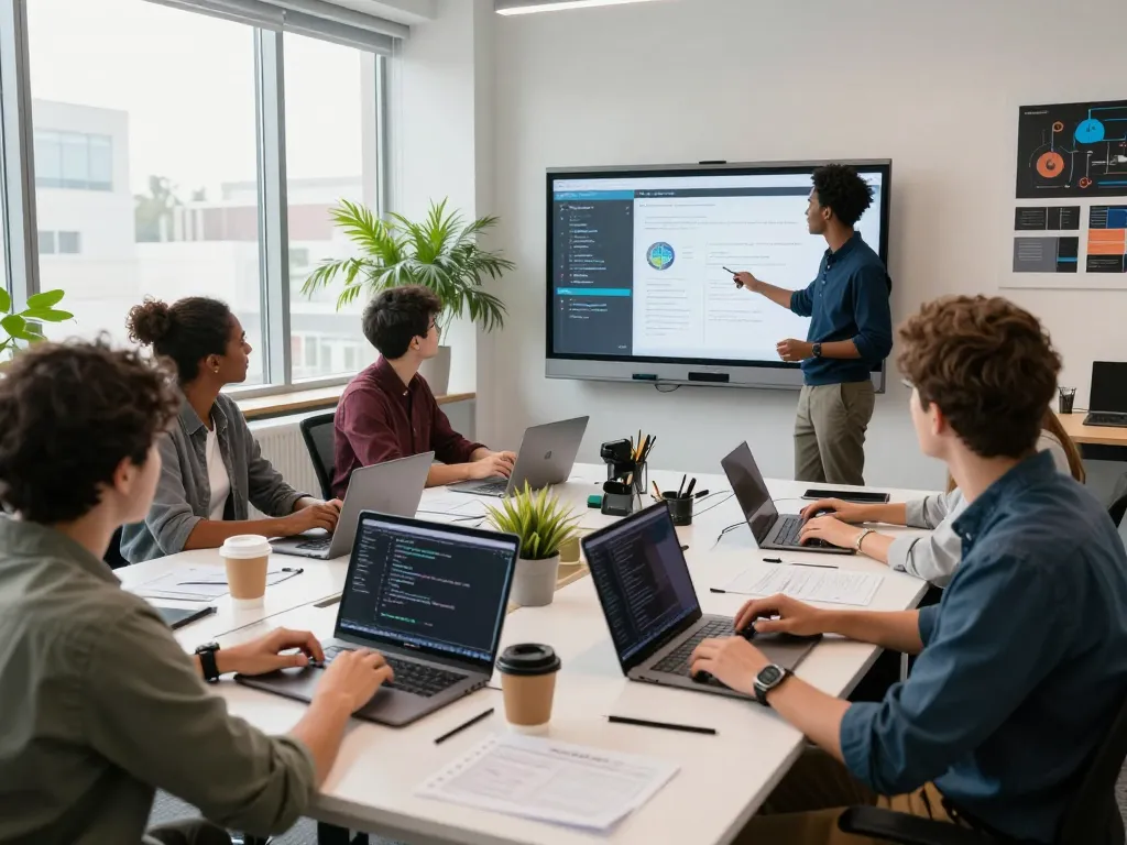 A diverse tech team collaborating with juicy ai applications in a modern office space