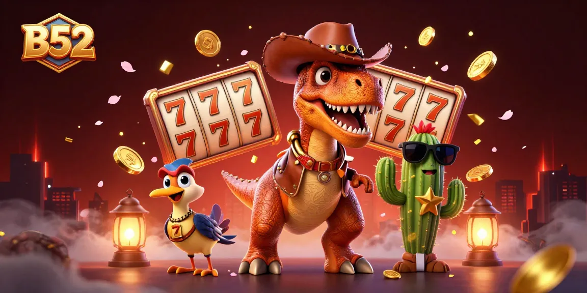 B52 showcases thrilling casino action with vibrant characters and slot reels, enhancing gameplay excitement.