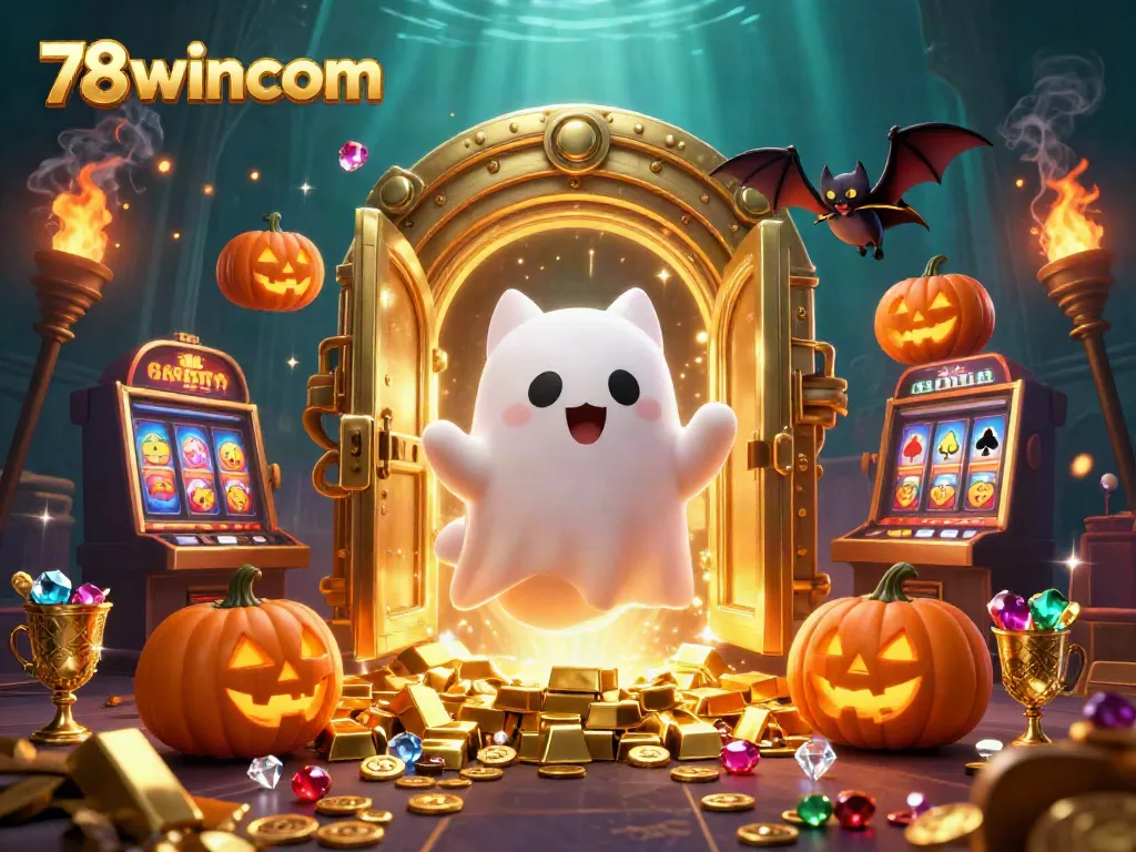 Engage with the vibrant magic of 78wincom, featuring a ghost cat in a dynamic casino scene.