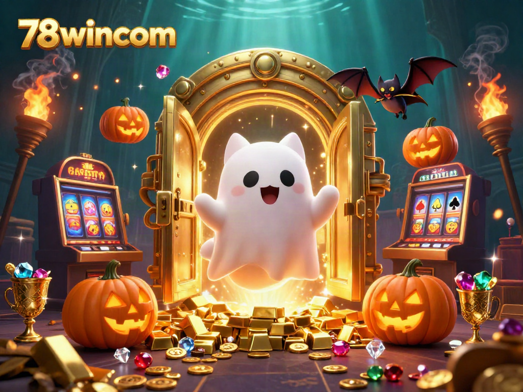 Engage with the vibrant magic of 78wincom, featuring a ghost cat in a dynamic casino scene.