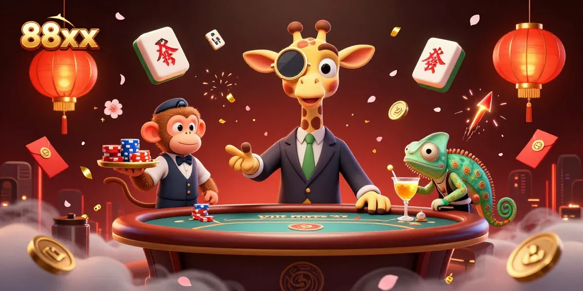 Win big with 88xx in a vibrant casino scene featuring a giraffe and monkey!