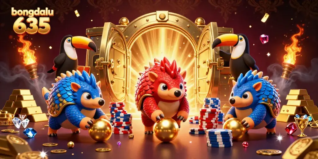 Experience the dynamic showdown of pangolins in zero-gravity as they roll and throw golden balls in bongdalu 635.