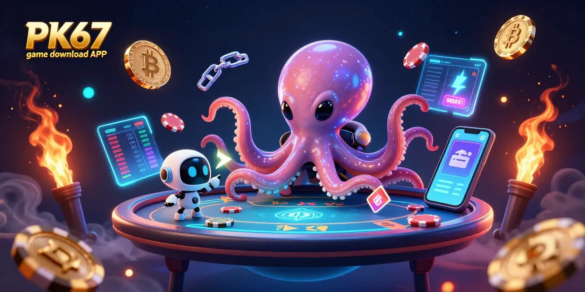 Engage with the PK67 game download APK showcasing an alien octopus playing poker in a dazzling cosmic environment.