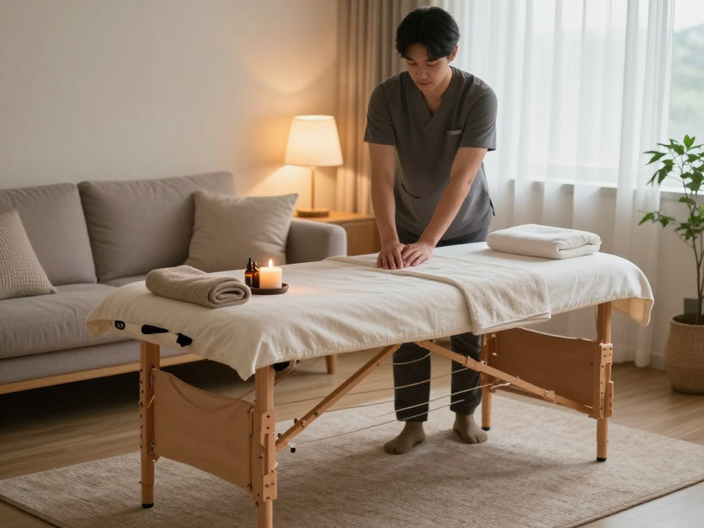 Home massage therapist preparing for 강동구출장마사지 in a serene living room.