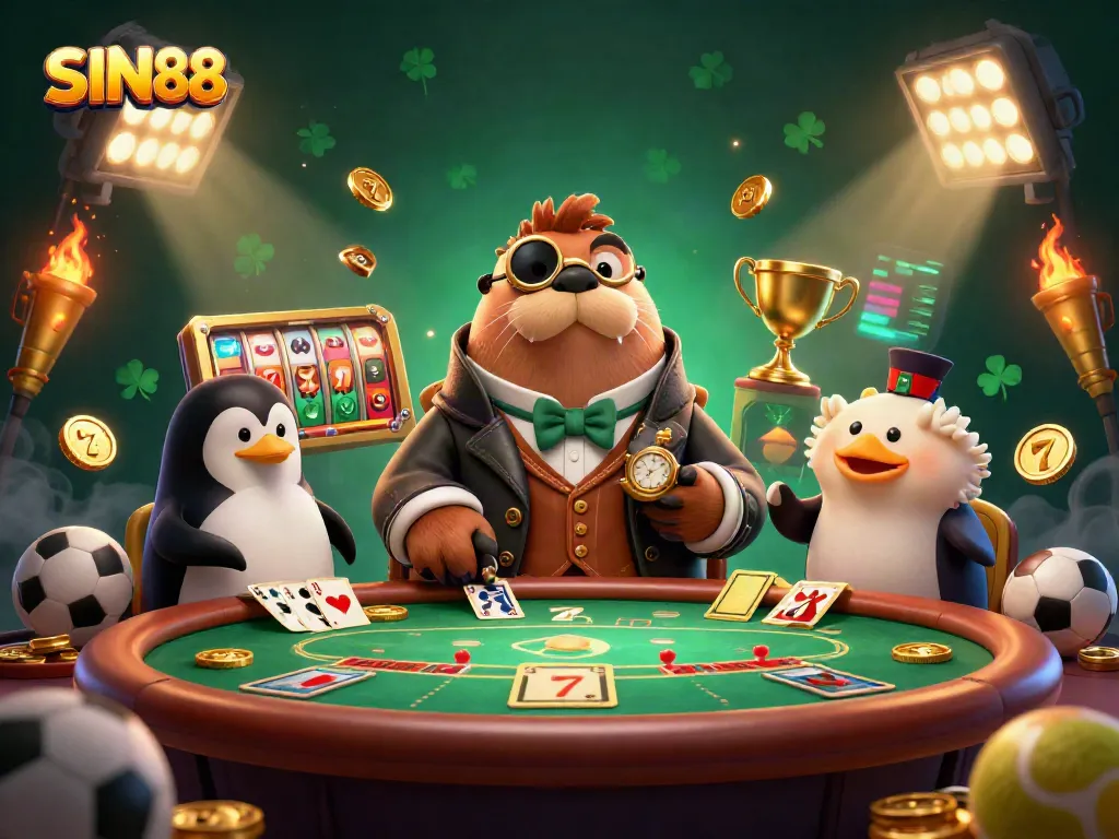 SIN88 jolly walrus and friends engage in lively underwater poker game with vibrant games around.