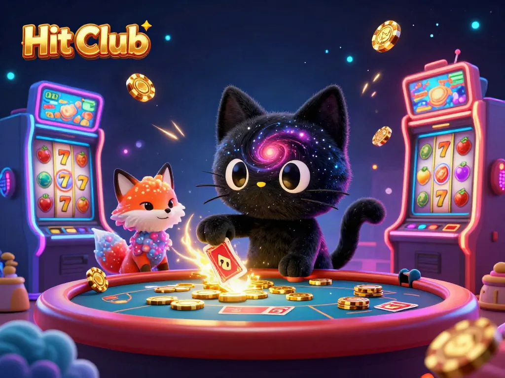 Experience a captivating Hit Club gaming atmosphere with vibrant 3D characters engaging at a cosmic casino