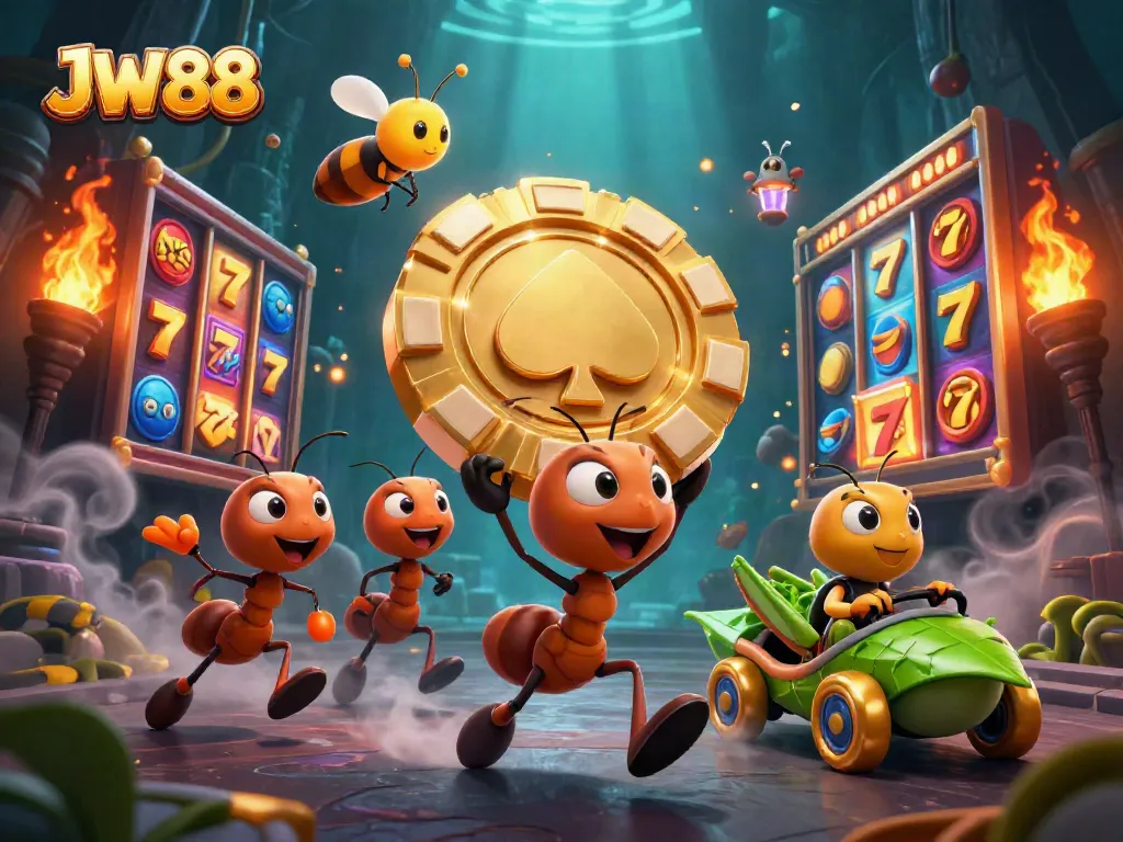 JW88 ants heist scene with a giant poker chip and vibrant slot machine reels.