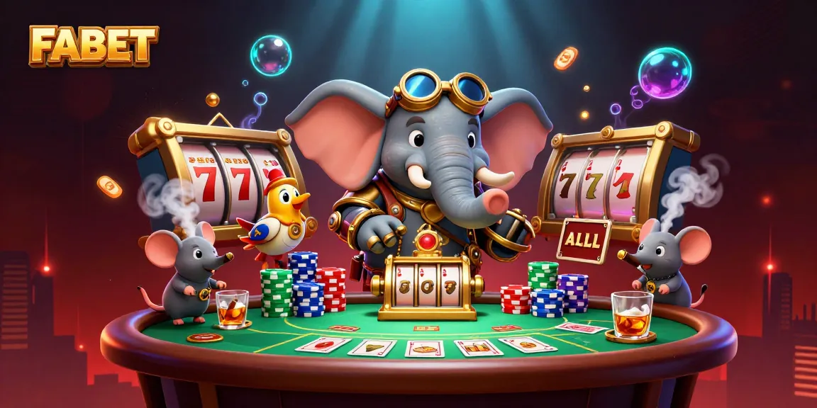 FABET showcases a captivating steampunk elephant engineer operating a vibrant slot machine, delivering excitement in gaming.