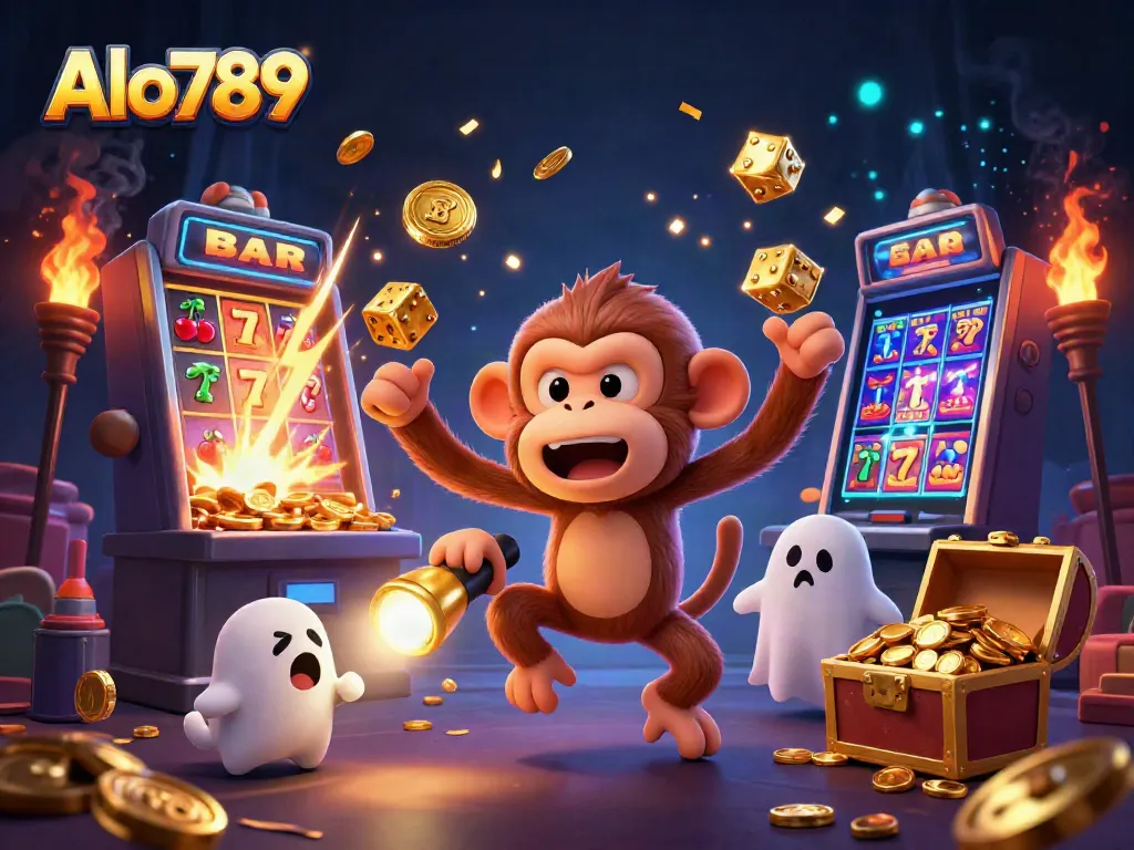 Alo789 showcases a mischievous monkey juggling golden coins while a ghost-hunter puppy tracks it in a vibrant casino.