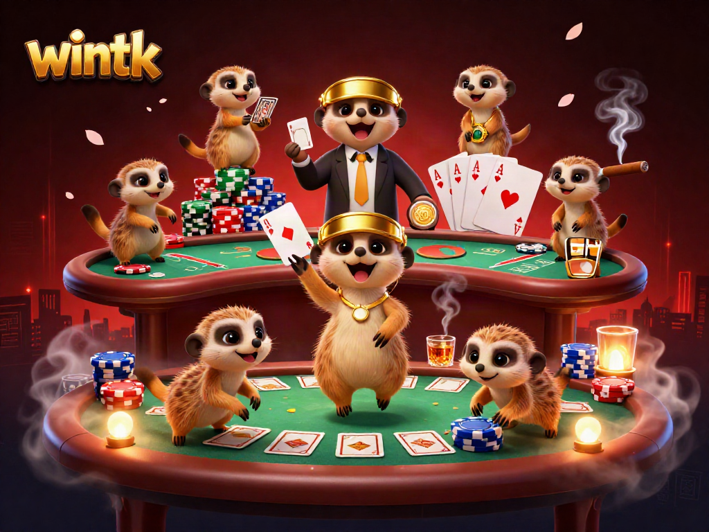 Wintk meerkats engage in thrilling casino action with poker tables and vibrant elements.