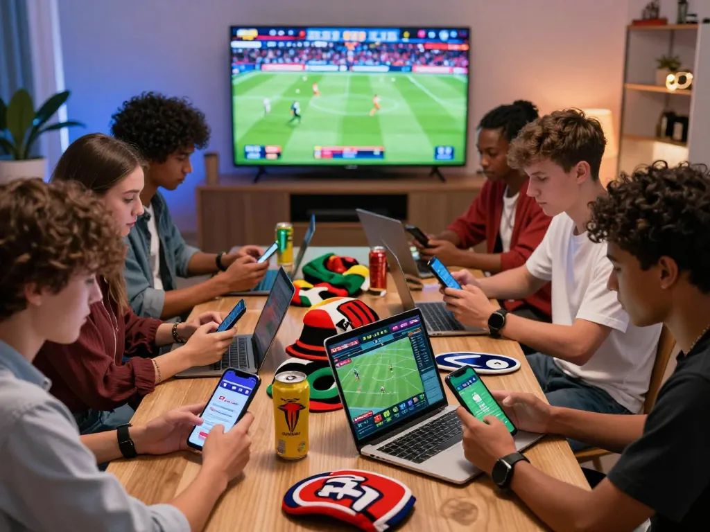 Group of friends engaging in Topbet online sports betting, lively atmosphere with sports apps visible.
