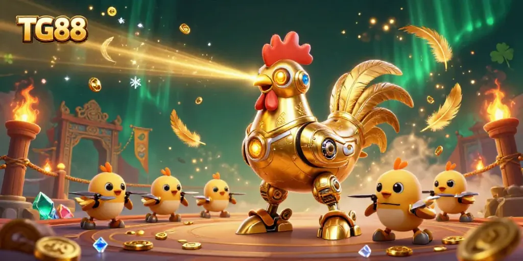 Engage with the thrilling TG88 casino experience as a dynamic golden rooster robot leads a crew of baby chick drones in a vibrant 3D illustration.
