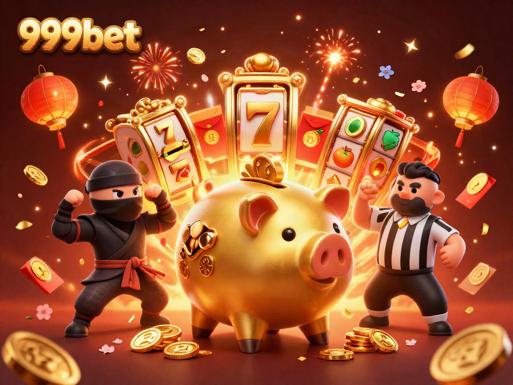 Engage in exhilarating gameplay at 999bet with vibrant visuals of a golden piggy bank sumo wrestler surrounded by slot reels and fireworks.