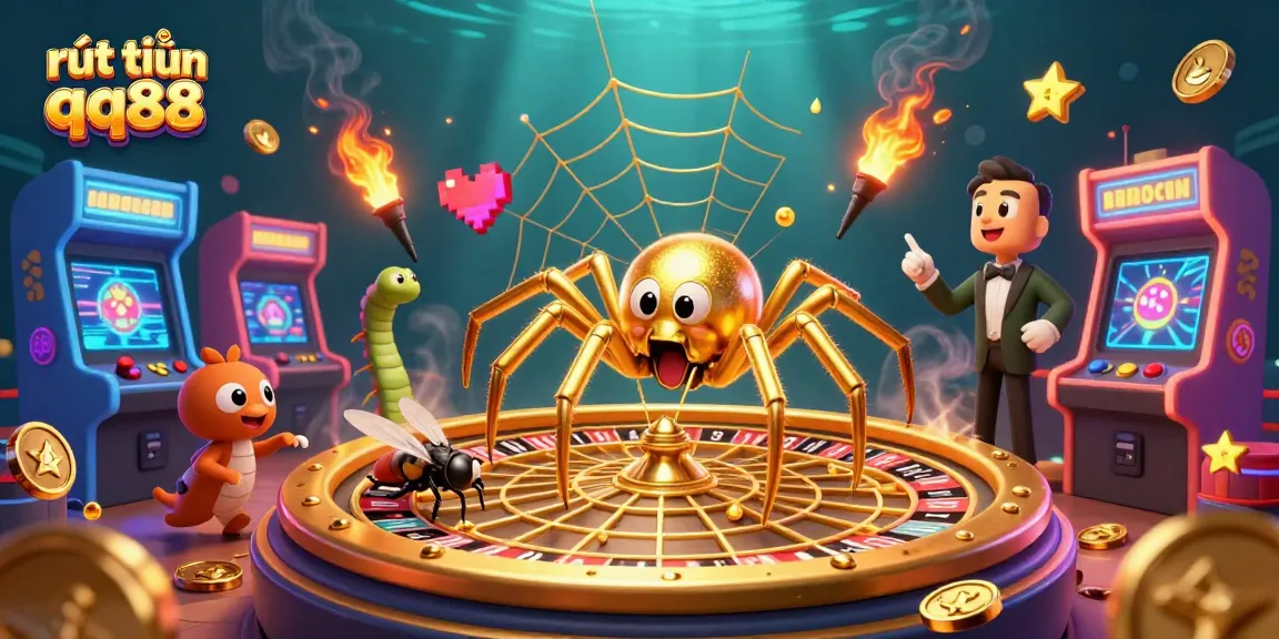 Place bets with rút tiền qq88, featuring a colorful gaming scene with a spider and a centipede in a roulette web.