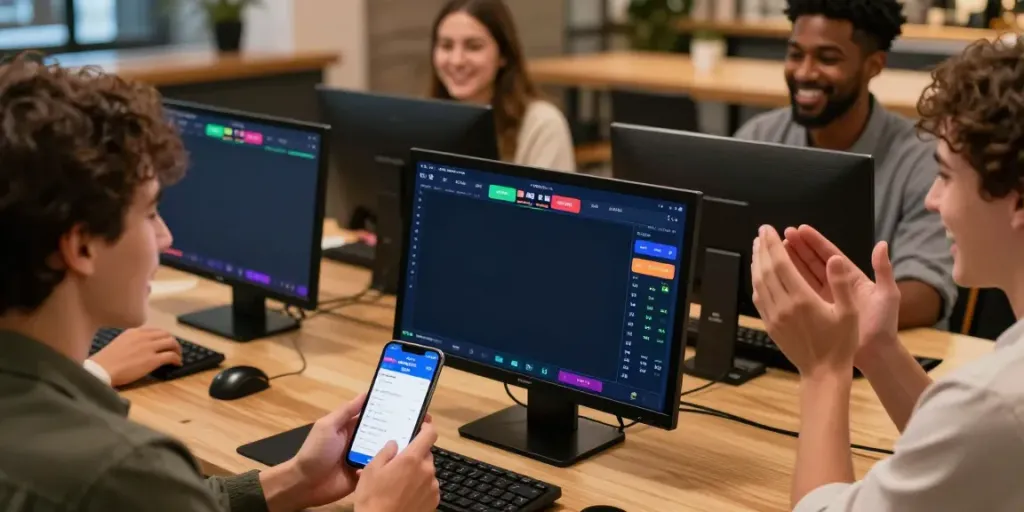 Enthusiastic players enjoying online betting at https://fabet.com.mx/ with multiple screens showing live sports.