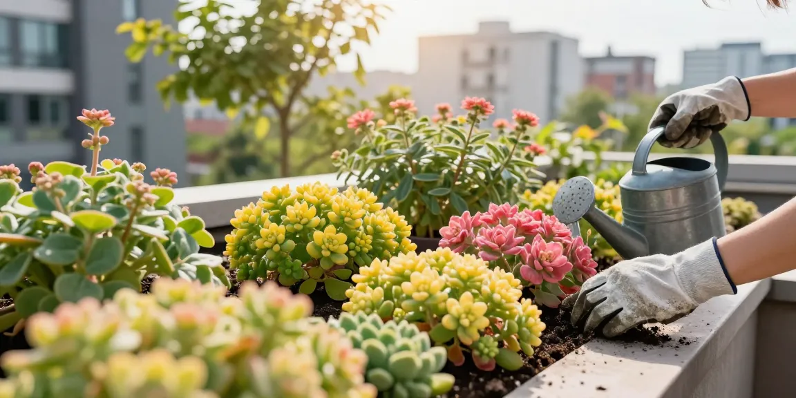 Kleurige sedum soorten op een daktuin die met zorg en aandacht worden onderhouden.
