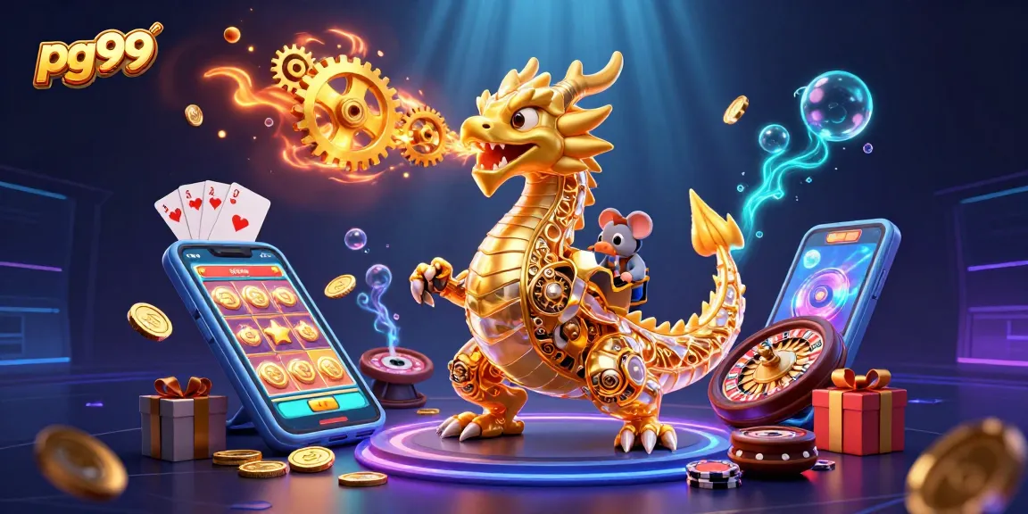 Win with pg99 while a dragon breathes gears in a vibrant casino scene illustration.