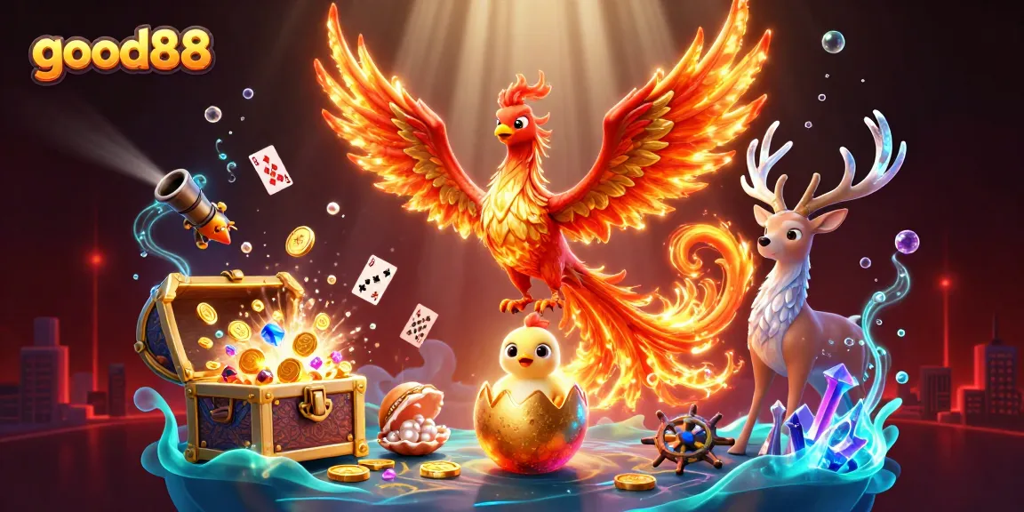 Engage with good88 in a vibrant casino-themed scene featuring dynamic characters and treasure elements.