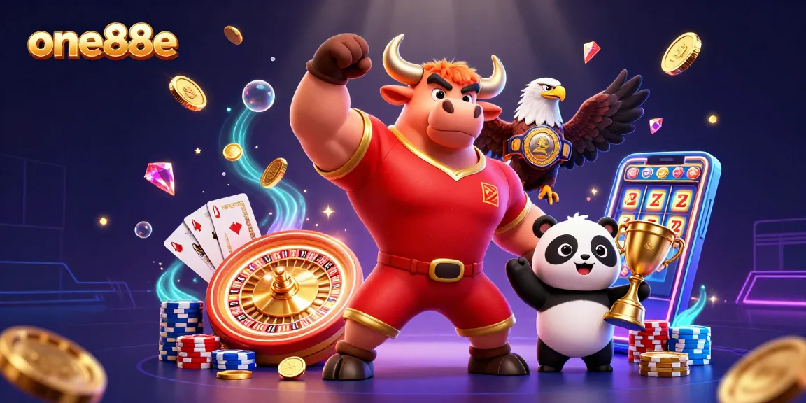 Win big at one88e with a vibrant 3D illustration showcasing a bull mascot, eagle, and panda amidst casino excitement.