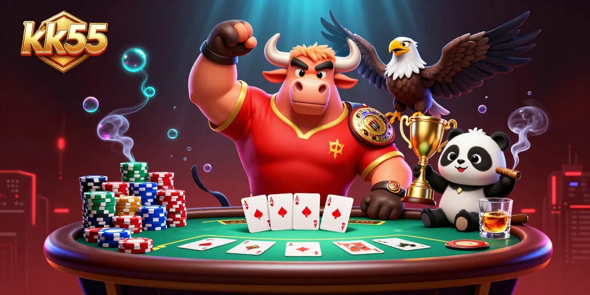 kk55 showcases a victorious bull and eagle with poker elements amidst a vibrant casino scene.