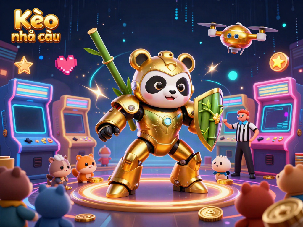 Kèo nhà cái 3D illustration showcasing a golden panda in a mech-suit piloting a fighting robot amid colorful gaming elements in a vibrant arena.