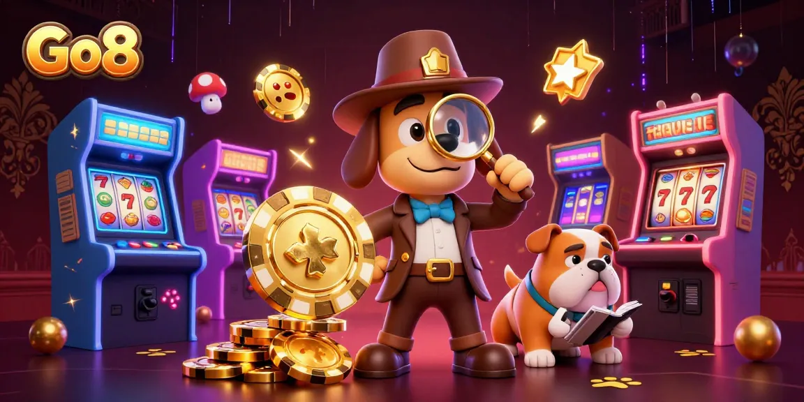 Go8's cartoon detective investigates treasure clues among vibrant slot machines.