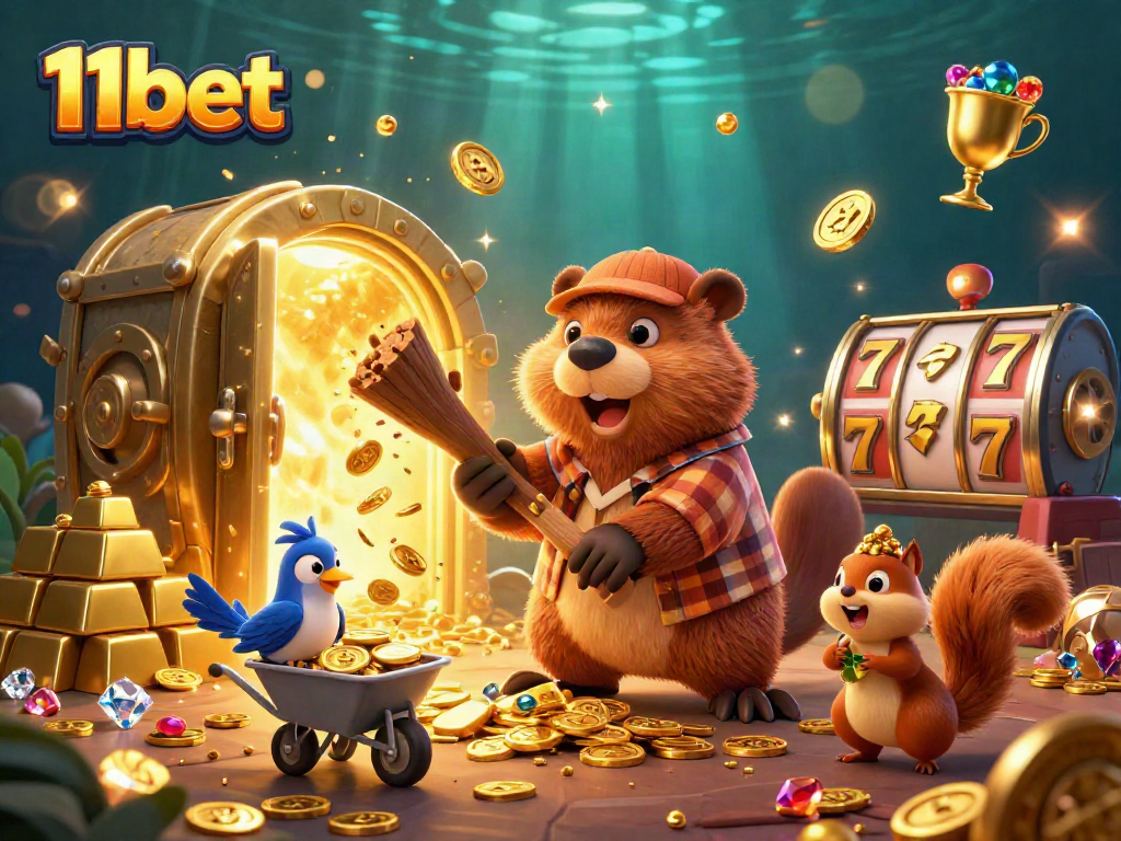 Engage with thrilling jackpots at 11bet, illustrated with beaver, bird, and squirrel collecting golden coins.