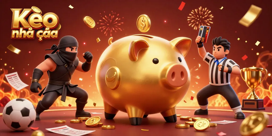 Kèo nhà cái showcases thrilling sports betting action with a golden piggy bank sumo wrestler animatedly stomping coins.