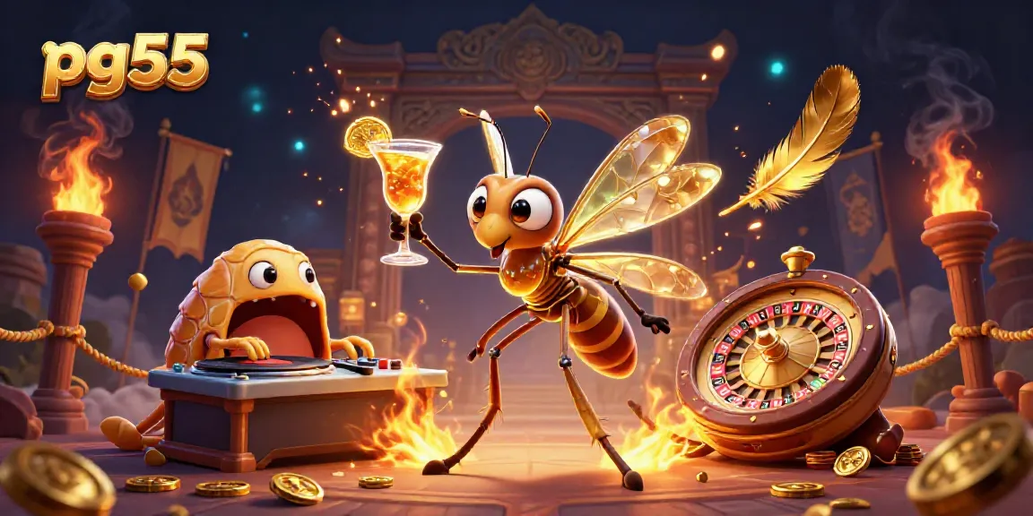 Experience thrilling gameplay with pg55 casino mascot, cartoon characters, and vibrant gambling elements.