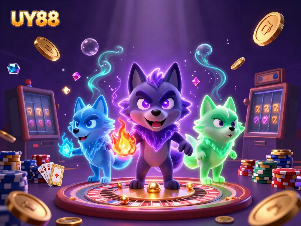 Engage in thrilling gameplay at UY88 with 3D characters surrounded by casino elements and vibrant visuals.