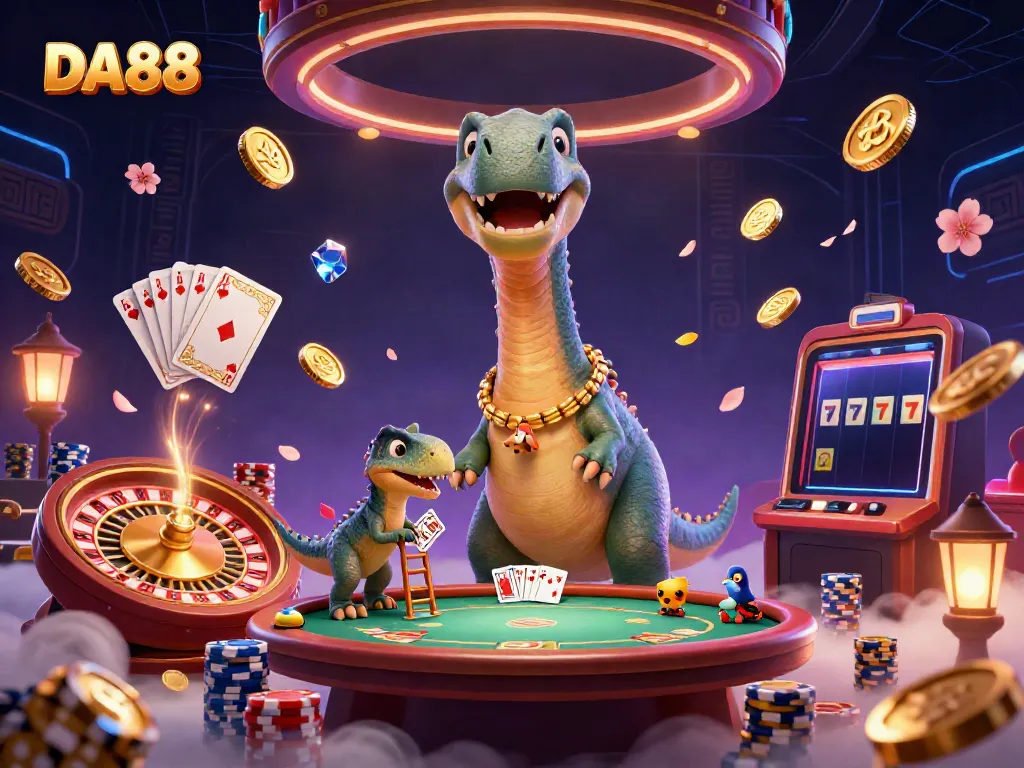 Experience the thrilling DA88 gaming world with a giant dinosaur surveying a bustling casino scene.