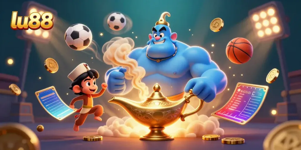 Engage with the thrilling world of gambling at lu88 featuring a genie, monkey, and poker chips.