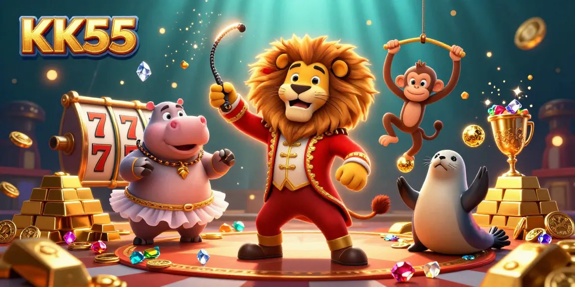 Experience the excitement of KK55 with vibrant slot games under dynamic circus characters.