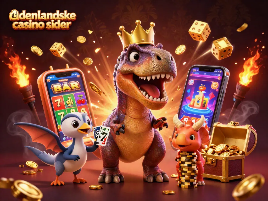 Engage with udenlandske casino sider while T-Rex and friends play cards amidst treasures and slots.