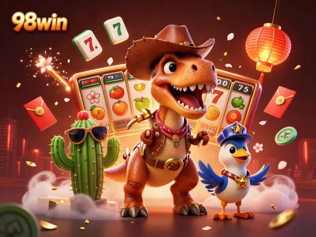 Ignite thrills with 98win's vibrant casino adventure, featuring animated characters and golden game symbols.