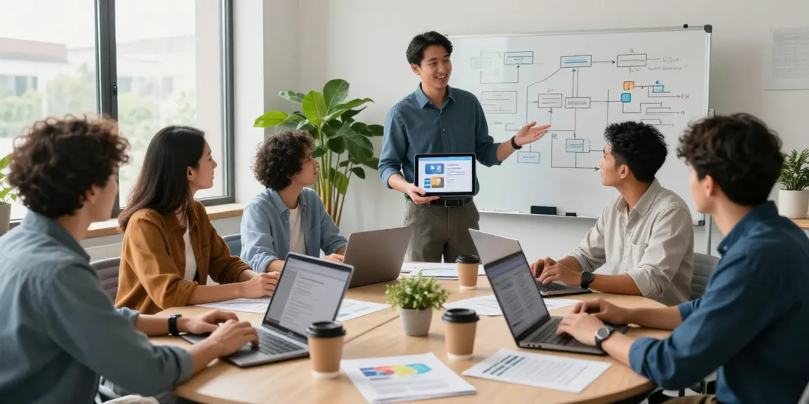 Team collaboration to build internal tools with AI in a modern office, showcasing innovation and teamwork.