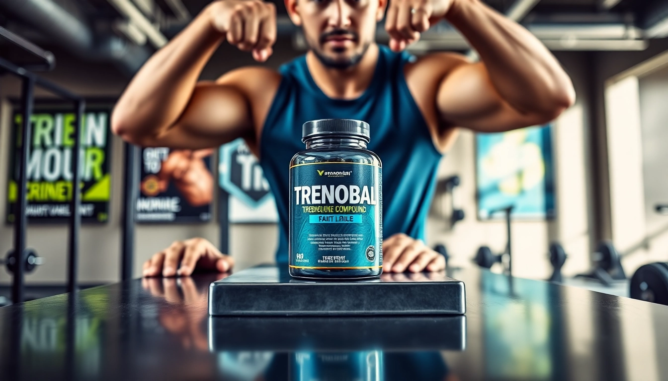 Trenobal Trenbolone Compound displayed prominently in a modern gym scene.