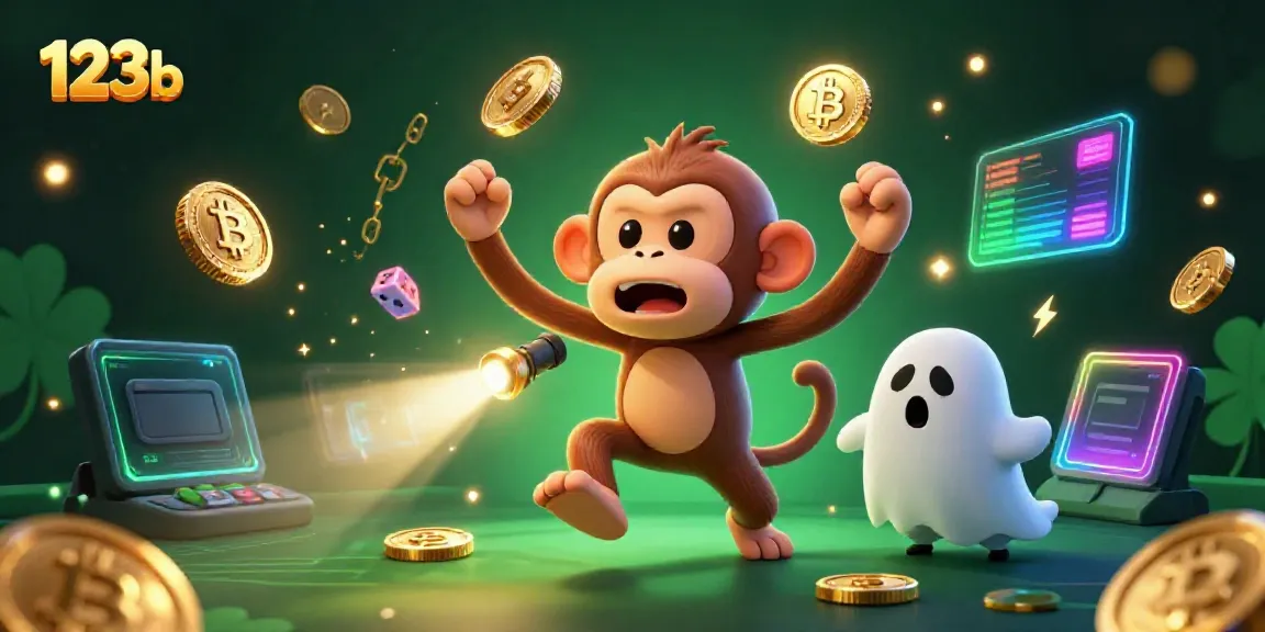 Engage in the mystical world of 123b with a ghostly monkey juggling glowing crypto treasures and a curious puppy。
