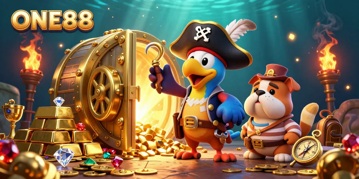Engage with thrilling gaming adventures at ONE88 through exciting illustrations of treasure-filled casino elements.