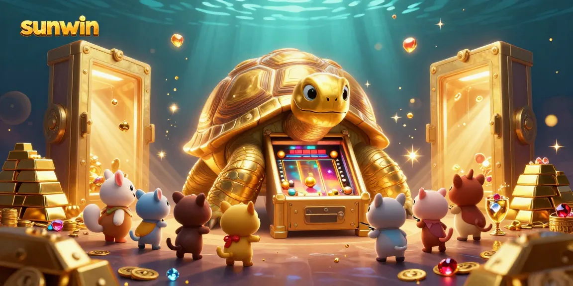 Experience the excitement of sunwin with a golden tortoise-themed pinball machine in a vibrant casino setting.