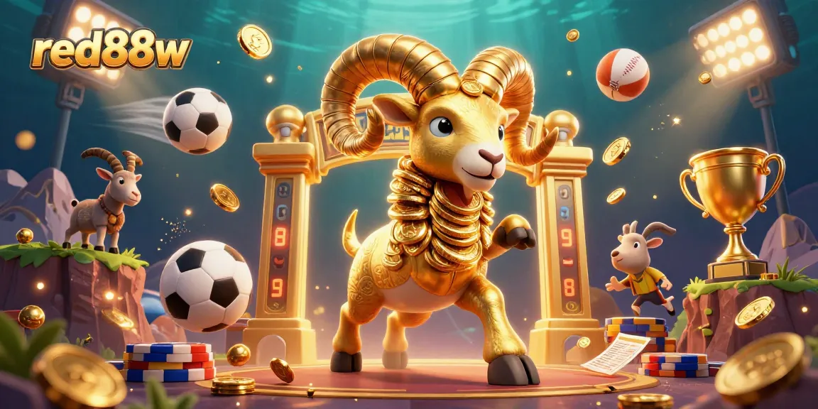 Experience the thrill of red88w casino with a golden ram charging through dynamic sports elements.