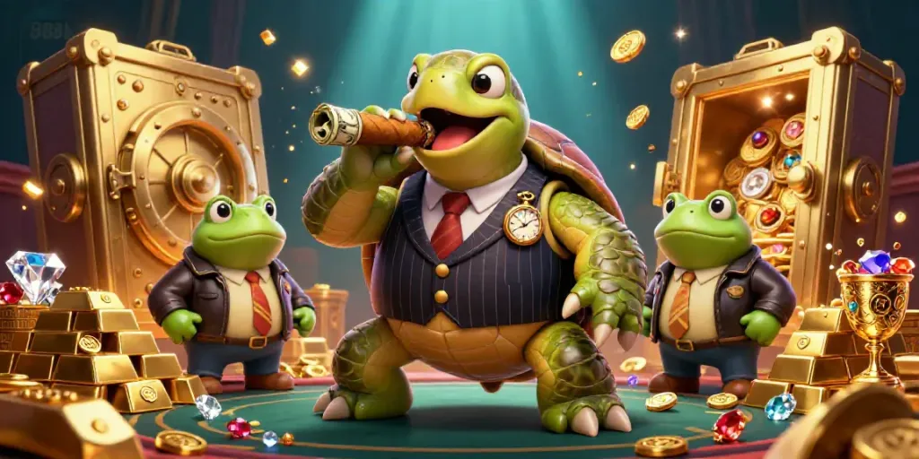 Engage with exciting online gaming action at 888b featuring a turtle in a casino setting.
