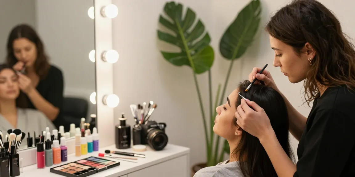 Permanente wenkbrauwen applicatie in een schoonheidstudio setting met een glimlachende artiest die de look van een klant verbetert.