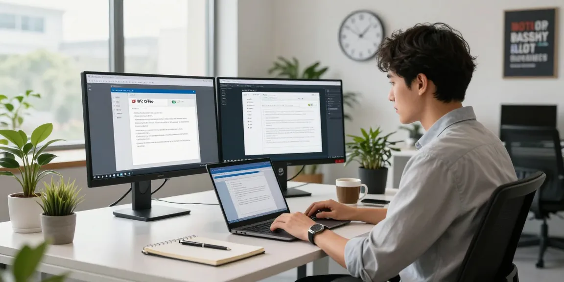 Download WPS Office in a modern workspace with a professional using WPS Office tools on dual monitors.
