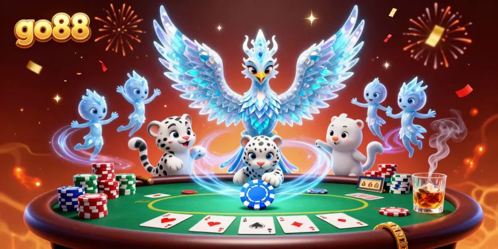 Experience vibrant fun at go88 as the ice phoenix and friends celebrate with poker elements in stunning detail.
