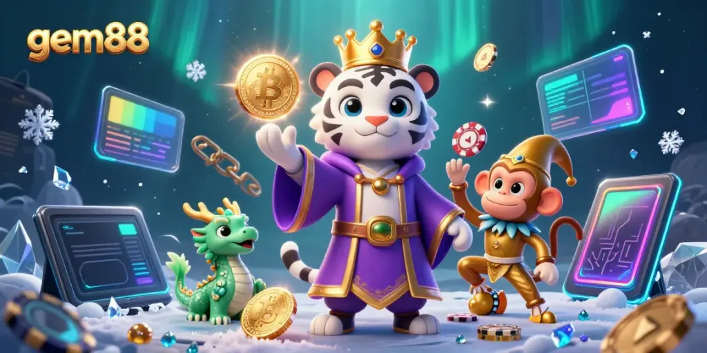 Experience gem88 with a captivating scene showcasing a white tiger, a jester monkey, and a jade dragon amidst vibrant casino elements.