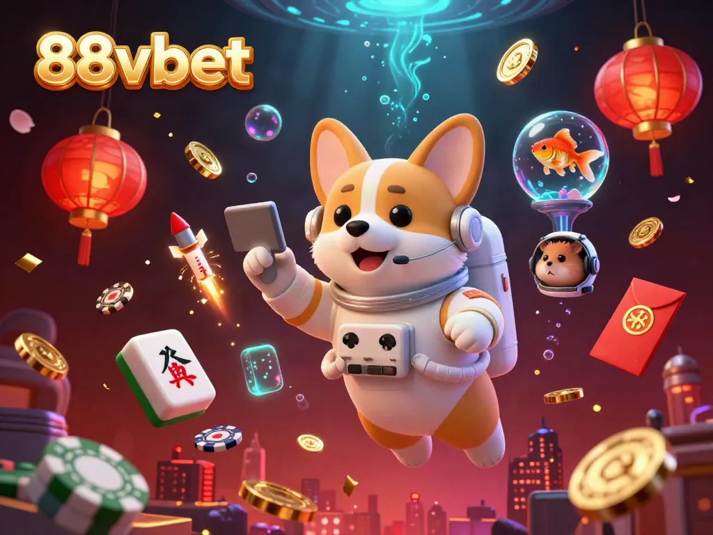 Experience the fun at the 88vbet space casino as a cartoon corgi floats among poker chips and gold coins.