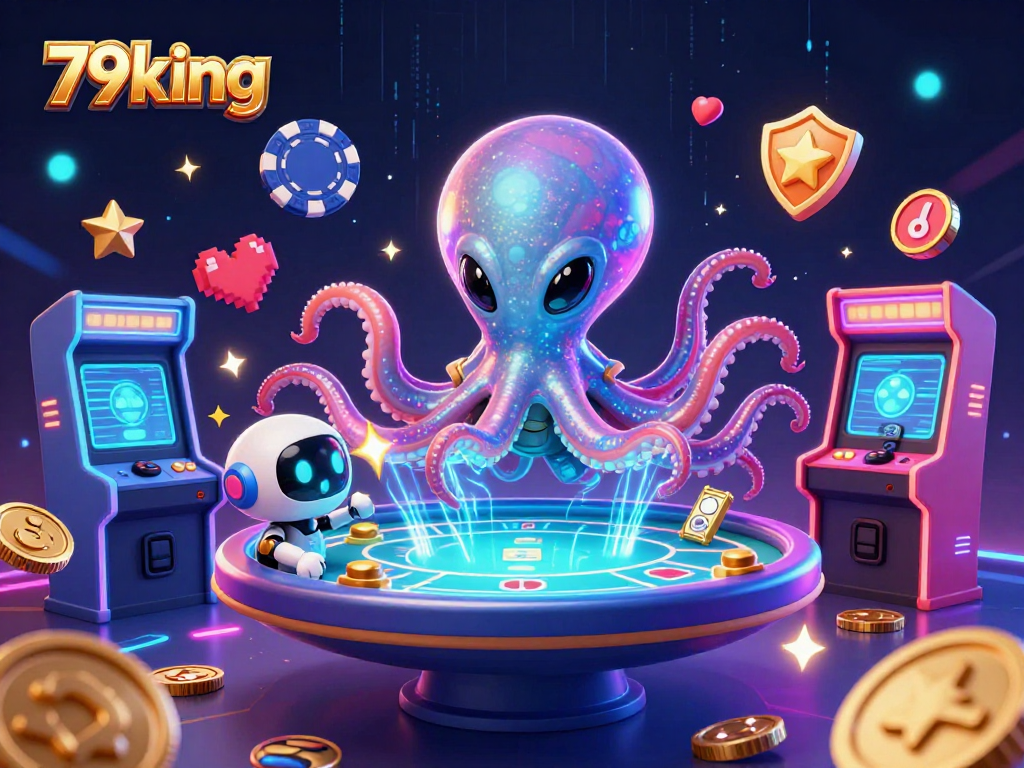 Experience the thrill of 79king with a galactic poker scene featuring an octopus and a robot.
